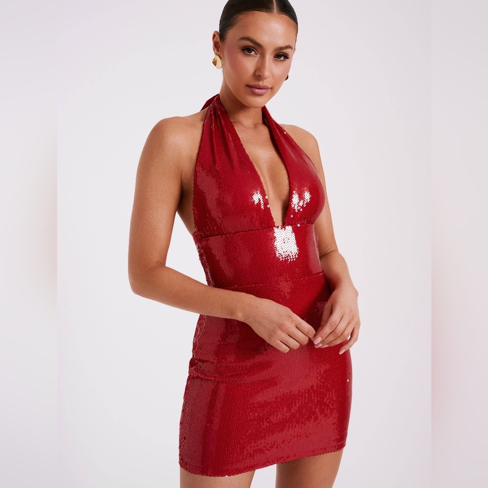 Meshki Dazzling Carleigh Sequin Halter  Mini Dress - Backless - Red - Small